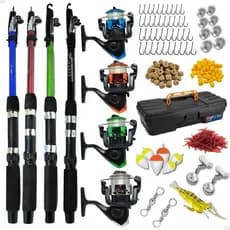 Conjunto De Pesca Completo 4 Vara Telescópica Fibra Vidro E 4 Molinete Com Linha Maleta + Acessórios