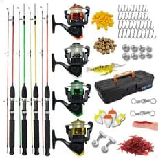 Kit de Pesca Barato 4 Vara 1,20 Fibra Vidro Maciça 14 Lbs + 4 Molinete com Linha Maleta e Acessórios