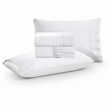 Jogo de Cama 4 Peças Casal Bordado Inglês Kit Conjunto Lençol Luxo Premium