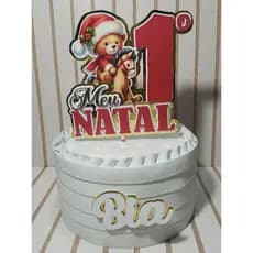 Topo/ Topper de bolo com nome personalizado ursinho mesversário Meu Primeiro Natal em 3D camadas.