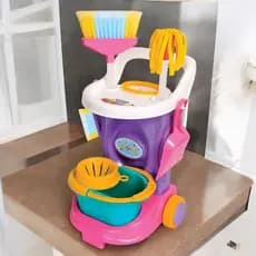 Carrinho Limpeza Infantil Kit Faxina Balde Pá Vassoura Esfregão Brinquedo Criança Faz Conta