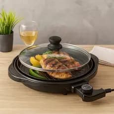 Grill Elétrico Redondo Bivolt Antiaderente Sem Fumaça Churrasqueira Grelhar Carne Legumes Compacto