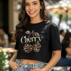 Não Cropped Feminino Oversized Camiseta Feminina Estampada Cherry 100% Algodão