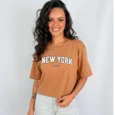 Camiseta Feminina Cropped Oversized Estampado New York U.s.a 100% Algodão Gold P ao GG