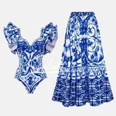Maiô Feminino Estilo Porcelana Azul e Branco com Saída de Praia Longa - Conjunto Moda Praia Biquíni Verão 2026