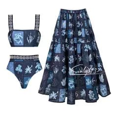 Roupa de banho feminina de uma peça Conjunto de Biquíni 3 Peças VintageAzul Botânica com Saída de Praia Longa Moda Praia