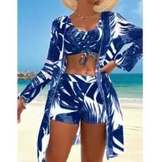 Conjunto de Maiô de 3 Peças Biquíni Feminino Estampa de Folhagem Bordo Tropical Moda Praia, Shorts+ Saída de Praia