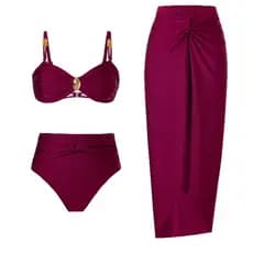 Conjunto de Biquíni de 3 Peças com Saia de Praia para Mulheres, Maiô de Cintura Alta, Cor Sólida