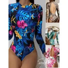 Maiô feminino conservador de uma peça, estampado, Halter, manga comprida, biquíni, praia, mergulho