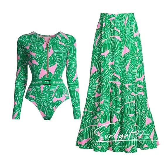 Conjunto de biquíni feminino, saia de praia, roupa de banho elegante de manga comprida, proteção solar, viagem, biquíni