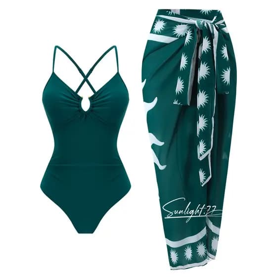 Conjunto de Maiô Feminino de Uma Peça com Saia de Praia, Moda Praia Estampada Sem Costas, Ideal para Viagens