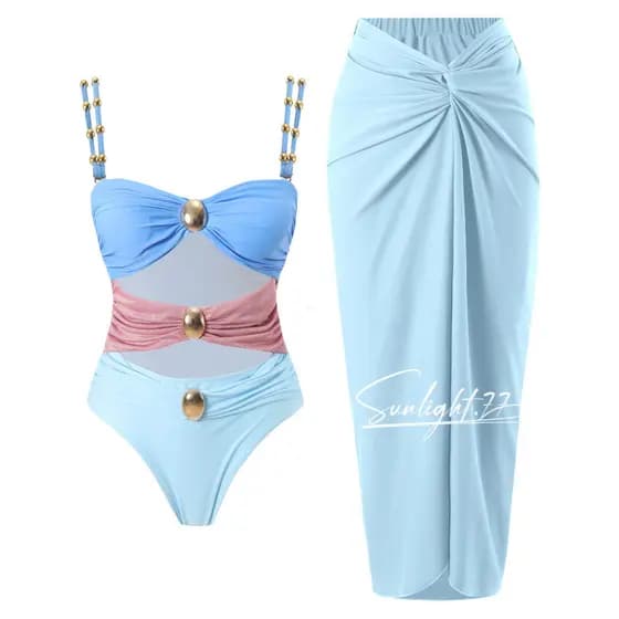 Maiô Feminino de Uma Peça para Praia, Viagens e Férias com Fivela de Metal e Biquíni em Cores Contrastantes