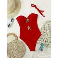 Maiô feminino de cor sólida com detalhes metálicos, roupa de banho casual sem mangas para férias na praia, maiô monokini