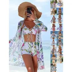 Conjunto de biquíni de 3 peças para mulheres com shorts boxer e cardigã de manga comprida, elegante roupa de praia com e