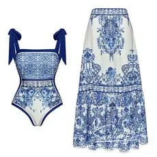 women one piece swimsuit, lace up blue printed bikini, high-quality fabric, beach outfit