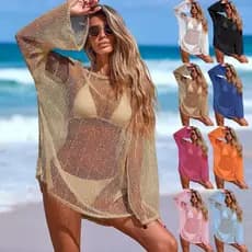 Conjunto de Biquíni Feminino + Saída de Praia Transparente de Manga Longa Solta com Proteção Solar, Ideal para Férias na