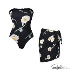 Novo conjunto de maiô feminino sem alças com babados e estampa floral, elegante e ajustado ao corpo.