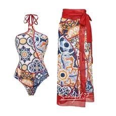 Novo Conjunto de Maiô Feminino Vintage com Decote Halter e Costas Expostas + Saia de Praia