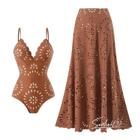 Conjunto de Maiô Retro Vazado para Mulheres: Camisola de Uma Peça + Saia Longa de Cintura Alta, Moda Praia com Proteção