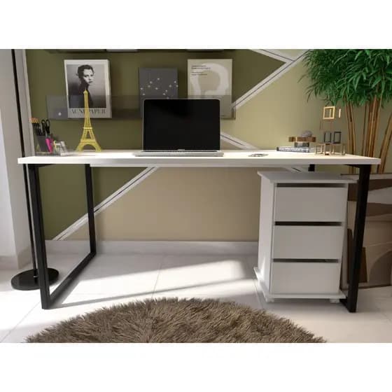 Conjunto Mesa Escrivaninha Escritório + Gaveteiro Carrinho Auxiliar 3 Cores