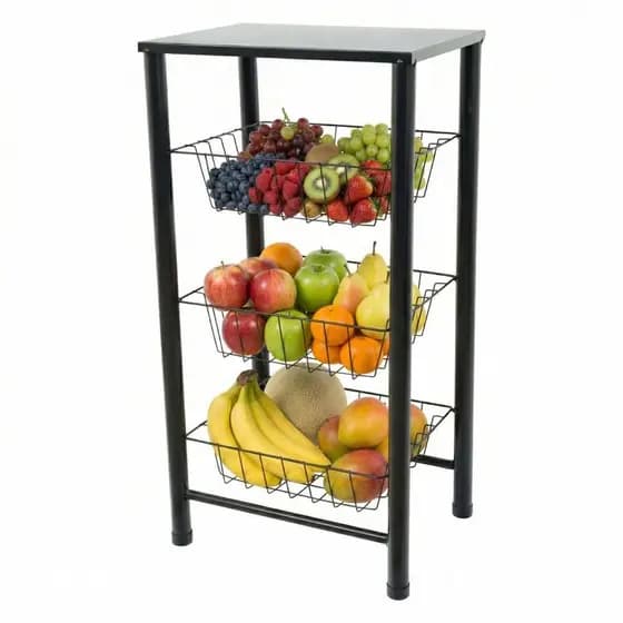 Fruteira de Chão 3 Cestos em Aço com Tampo Multiuso Organizador de Cozinha Resistente Preto e Branco