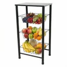 Fruteira de Chão 3 Cestos em Aço com Tampo Multiuso Organizador de Cozinha Resistente Preto e Branco