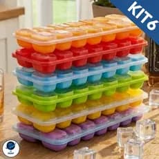 Kit 6 Formas De Gelo Silicone Fundo Flexível Com Tampa Para Freezer