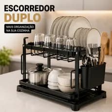 Escorredor De Louça Inox Preto Duplo 2 Andares Porta Talheres Copos Premium
