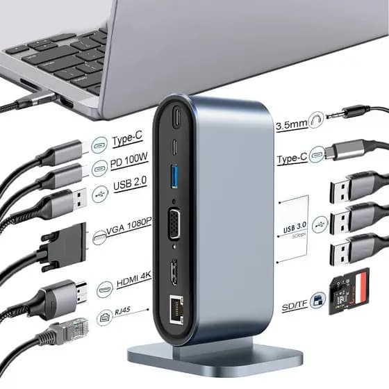 12-em-1 USB C HUB Docking Station Adaptador compatível com HDMI 4K 30Hz PD 100W Tipo-C HUB USB 3.0 Splitter para Laptop MacBook Pro Air