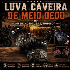 Luva para Motociclista/Motoboy/Motoqueiro/Luva de Meio Dedo/Unissex Modelo Caveira