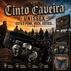 Cinto Couro Sintético 3 Caveiras E Cinto Espinho Punk Rock Gótico (CIO-01)