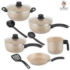 Jogo de Panelas MARF 8 Peças Marfim Antiaderente Teflon Premium 5 Camadas com Tampa de Vidro Conjunto Panelas Alumínio