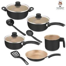 Conjunto de Panelas 8 Peças Antiaderente Teflon com 5 Camadas com Tampa de Vidro + Talheres Alta Qualidade