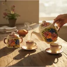 Jogo De Bule + Açucareiro + 2 Xícara Com Pires Em Porcelana Pintado a Mão Esmaltado