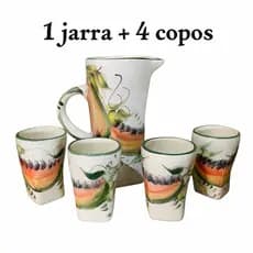 Jarra de Suco com 4 Copos em Porcelana decorada Pintando a mão Esmaltado