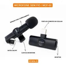 Microfone de Lapela Sem Fio Duplo αGold Plus MCF-09 para Celular iPhone Lightning com Redução de Ruído para Vídeos