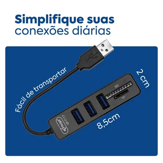 Hub USB 2.0 (480Mbps) c/ 3 Portas e Leitor de Cartão SD/Micro SD | Adaptador Expansor Rápido Tv Box Pc Notebook