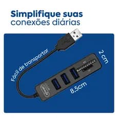 Hub USB 2.0 (480Mbps) c/ 3 Portas e Leitor de Cartão SD/Micro SD | Adaptador Expansor Rápido Tv Box Pc Notebook