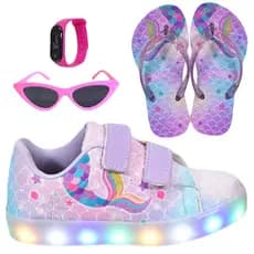 Tênis Infantil Led Feminino Sereia Casual  Colegial Passeio + Chinelo Óculos Relógio