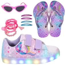 Tênis Infantil Led Feminino Sereia Cano Baixo Casual + Chinelo + Tictac + Pulseira + Óculos