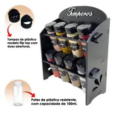 Porta Temperos/Condimentos Cozinha Madeira MDF kit 08 potes c/ Tampa Dosadora + Suporte + Adesivos