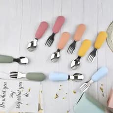 2PCS Colher De Silicone Para Bebês Crianças Garfo Aço Inoxidável Treinamento De Alimentação De Talheres