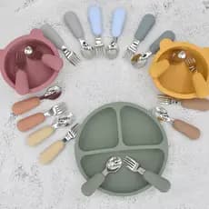 Kit Colher De Treinamento Garfo De Silicone Para Bebê Talheres Para Bebês Conjunto De Crianças Utensil Colher