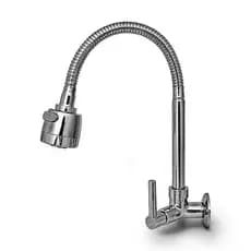 Torneira Gourmet Para Cozinha De Parede Cromada Com Chuveirinho Flexível Giratório Em Metal