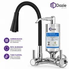 Torneira Gourmet Parede Preta Cone com Filtro Carbon Block Refil Blindado Tubo Flexível 1/4 Volta Dazie Metais