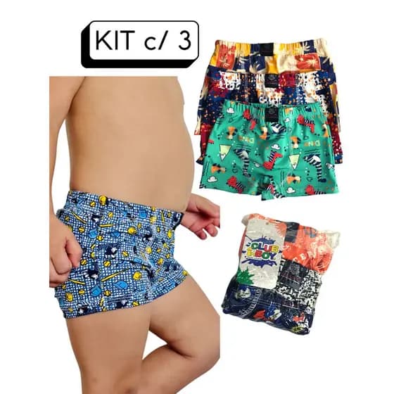 Cueca Infantil Box Kit c/ 03 Boxer Infantil Ótima Elasticidade 1 a 10 anos