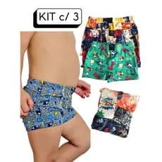 Cueca Infantil Box Kit c/ 03 Boxer Infantil Ótima Elasticidade 1 a 10 anos