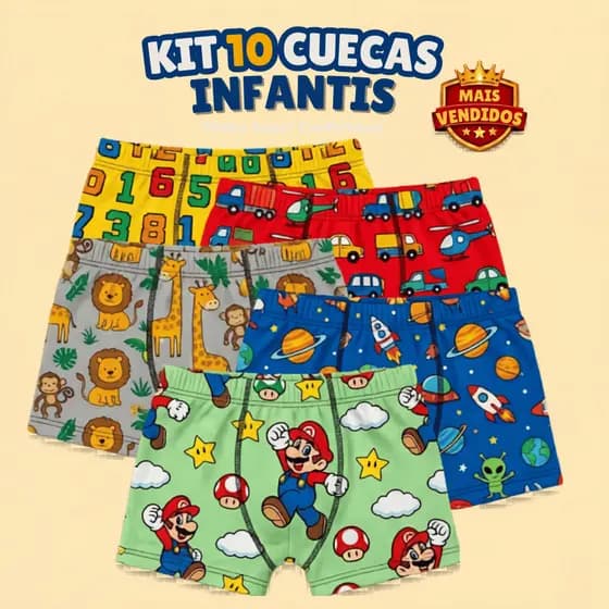 Kit Cueca Boxer Infantil 5 ou 10 Peças Malha Fria Estampada Conforto Menino