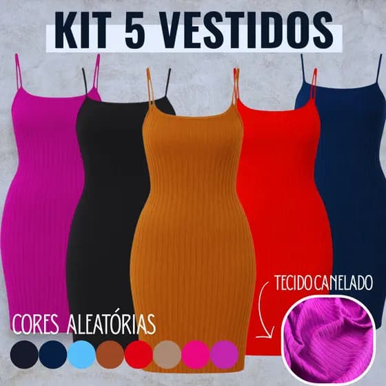 KIT 5 Vestido Plus Size Canelado de Alcinha,Tubinho luxo Básico, Versátil e Elegante do G1 ao G4