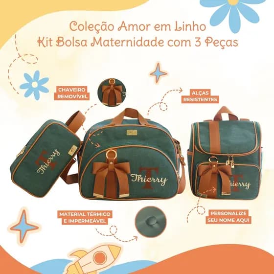 Kit Maternidade 3 peças Personalizado em Linho | Coleção Amor em Linho